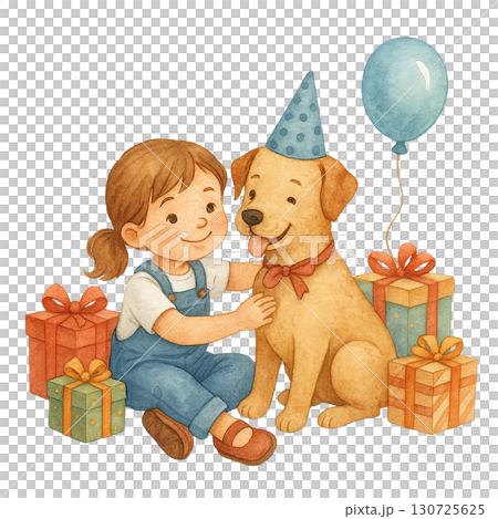 A girl celebrating with her dog at a joyful birthday party. 130725625