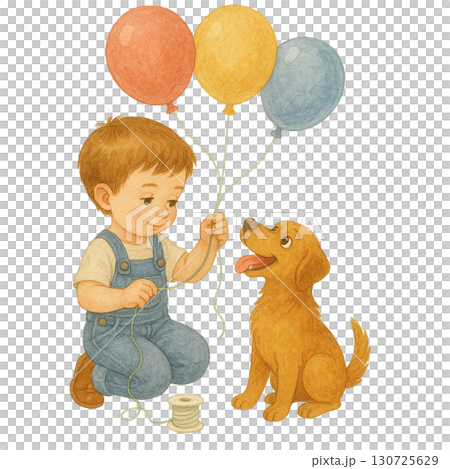 A joyful boy playing with balloons and his happy dog. 130725629