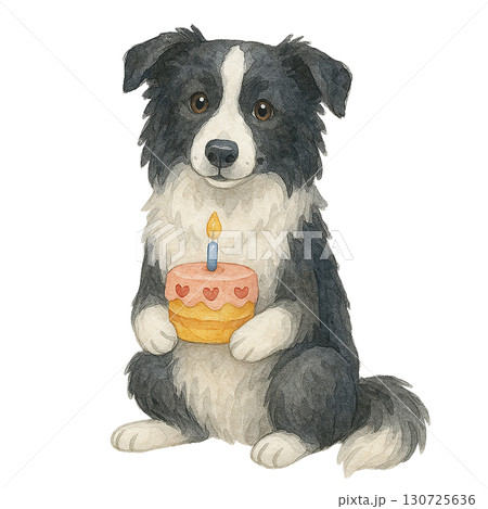 A playful dog celebrating its birthday with a cake. 130725636