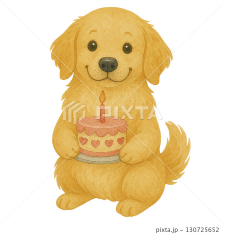 Cute golden retriever puppy holding a birthday cake. 130725652