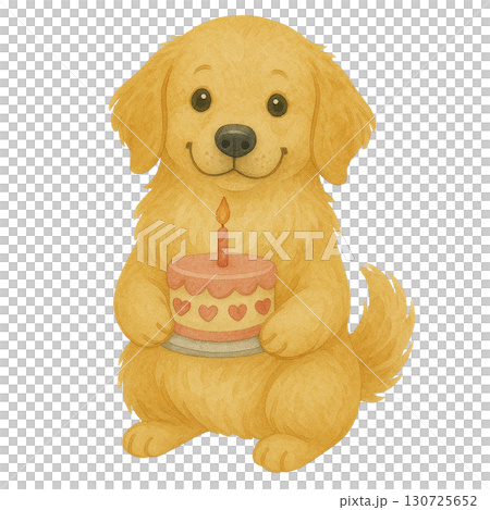 Cute golden retriever puppy holding a birthday cake. 130725652