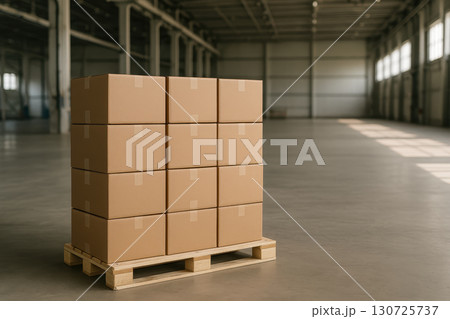 Cardboard boxes stacked on wooden pallet in spacious warehouse storage area illustrate supply chain logistics management and efficient inventory organization for distribution 130725737