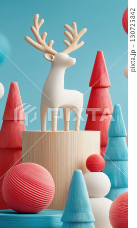 Christmas reindeer sculpture stands on pedestal surrounded by red and blue geometric trees and spheres creating festive winter holiday scene with playful joyful atmosphere Christmas reindeer sculpture stands on pedestal surrounded by red and blue geometric trees and spheres creating festive winter holiday scene with playful joyful atmosphere 130725842