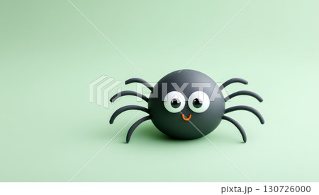 Cartoon spider with happy face playful mood black body big eyes eight legs minimal style green background Halloween theme cute and friendly character 130726000