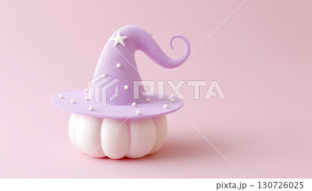 Cute pastel witch hat on glowing white pumpkin, playful Halloween decoration with whimsical style, soft pink background, magical and cheerful mood 130726025