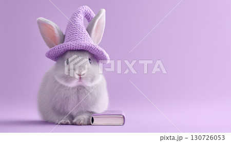 Gray bunny wearing purple witch hat sitting beside small spell book pastel background cute and magical atmosphere fantasy animal soft fur whimsical enchanting playful mood 130726053