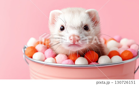 Playful ferret peeking out of pastel pink bucket filled with colorful round candies, creating cute and cheerful scene with soft pink background 130726151