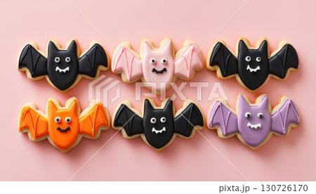 Smiling bat shaped cookies with colorful icing, including black, pink, orange, and purple, arranged on pastel background, creating playful and festive mood Smiling bat shaped cookies with colorful icing, including black, pink, orange, and purple, arranged on pastel background, creating playful and festive mood 130726170