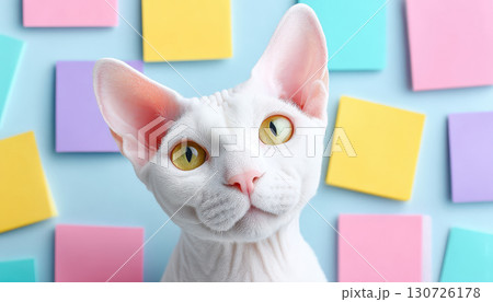Sphynx cat with yellow eyes sits in front of colorful sticky notes on pastel blue background, creating playful and creative planning atmosphere 130726178