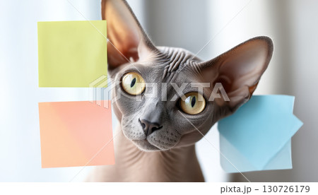 Sphynx cat with large yellow eyes looking curious beside colorful sticky notes on glass, soft natural light, home office planning, playful and creative atmosphere 130726179