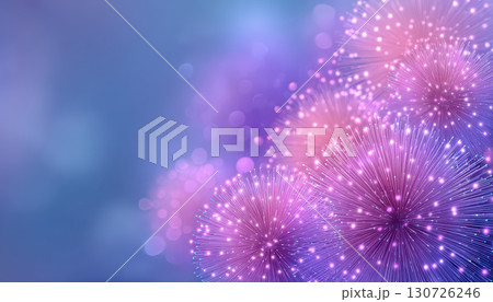 New year celebration with glowing purple and pink abstract dandelion shapes create festive joyful atmosphere perfect for holiday greeting or party background 130726246