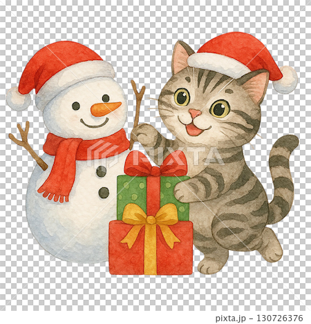 A cheerful cat and snowman celebrating together with a gift in a festive winter scene. 130726376