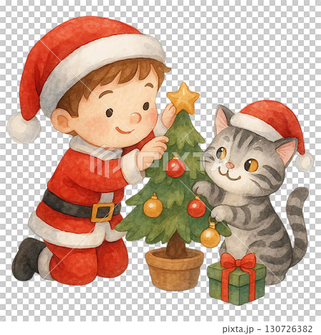 A cheerful child in Santa costume decorates a Christmas tree with a playful kitten. 130726382
