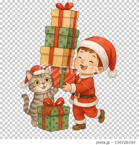 A joyful child and cat surrounded by colorful Christmas presents, embodying holiday cheer. 130726393