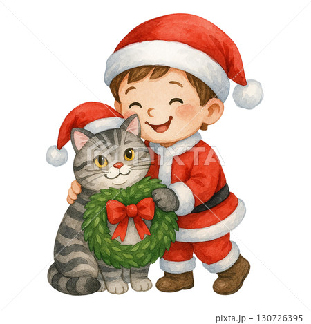 A joyful child in festive attire celebrates Christmas with a cat and wreath. 130726395