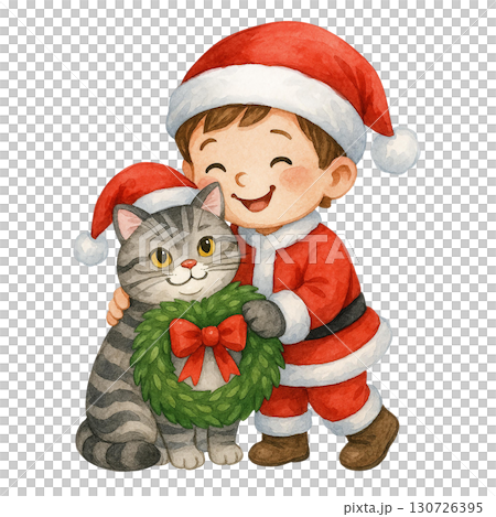 A joyful child in festive attire celebrates Christmas with a cat and wreath. 130726395