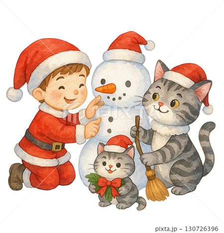 A joyful holiday scene featuring a boy, a snowman, and playful cats in festive hats. 130726396