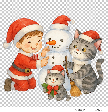 A joyful holiday scene featuring a boy, a snowman, and playful cats in festive hats. 130726396