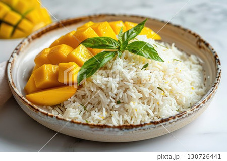 Sticky coconut rice dish garnished with fresh mango pieces and herbs. Culinary background for menus, exotic recipes and restaurants 130726441