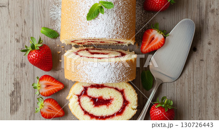 Strawberry Jam Swiss Roll with Fresh Strawberries 130726443