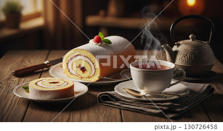Swiss Roll with Tea in Cozy Setting 130726458