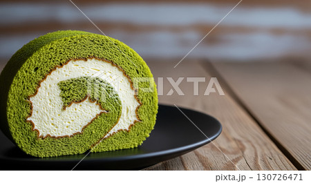 Matcha Swiss Roll with Cream Filling Close Up 130726471