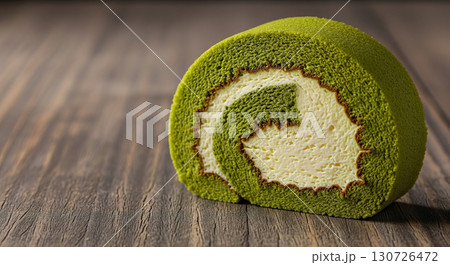 Matcha Swiss Roll Slice on Wooden Table 130726472