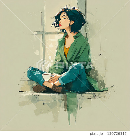 Artistic illustration of a young woman sitting by the window, holding a coffee cup. Concept of relaxation, comfort, mindfulness, and modern lifestyle. Vector illustration 130726515