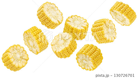 Falling corn cob slices isolated on white background with clipping path, full depth of field Falling corn cob slices isolated on white background with clipping path, full depth of field 130726701