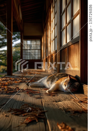 Tricolor Cat Relaxing on a Traditional Japanese Ve 130726886