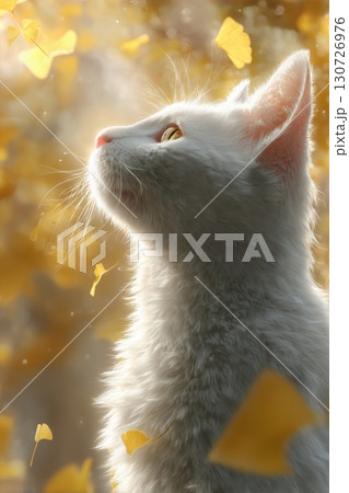 White Cat with Golden Leaves 130726976