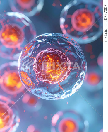 Cluster of human cells glowing with fiery central nuclei 130727007