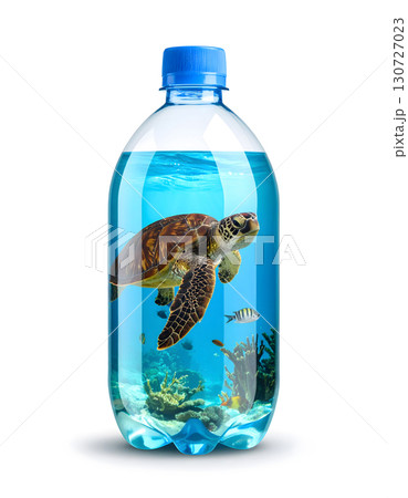 Sea turtle trapped inside plastic water bottle container 130727023