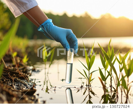 Scientist collecting water sample from polluted wetland Scientist collecting water sample from polluted wetland 130727024
