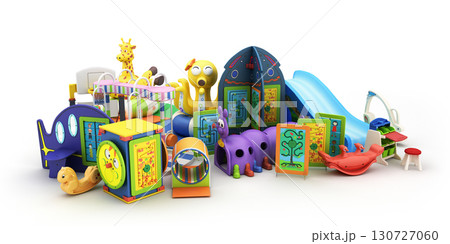 Large set of goods for kids childrens furniture and toys 3d render on white 130727060
