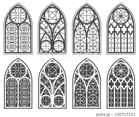 Gothic church windows with arched frames and stained glass. Medieval silhouettes of vintage cathedral architecture decorations and geometric ornaments. Christian chapel interior with engravings Gothic church windows with arched frames and stained glass. Medieval silhouettes of vintage cathedral architecture decorations and geometric ornaments. Christian chapel interior with engravings 130727231