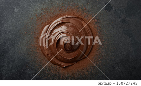 Elegant swirl of chocolate cream dusted with cocoa powder on textured stone surface, rich indulgent dessert concept for festive Chocolate Day celebration background. Elegant swirl of chocolate cream dusted with cocoa powder on textured stone surface, rich indulgent dessert concept for festive Chocolate Day celebration background. 130727245