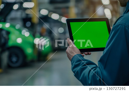Professional holding tablet with green screen display in a modern industrial factory setting. Worker using digital technology for manufacturing operations and data management. 130727291