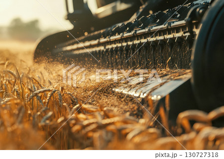 Detailed close up of a large combine harvester machine cutting golden wheat crops in a vast sunny farm field. Dust fills the air. 130727318