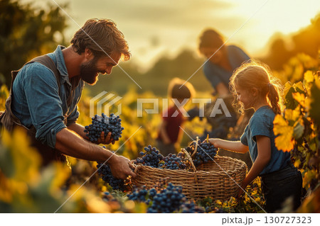 Bearded farmer and child picking ripe purple grapes in a glowing vineyard. Family carefully places fruit into a rustic basket during golden hour harvest. 130727323