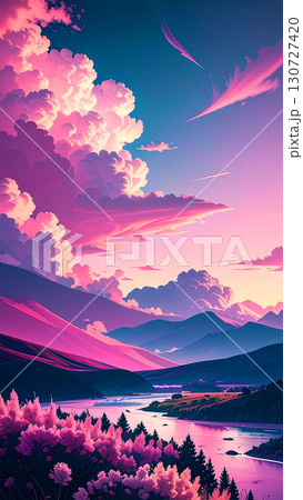 異世界ファンタジー感あふれるピンクとパープルの風景 130727420