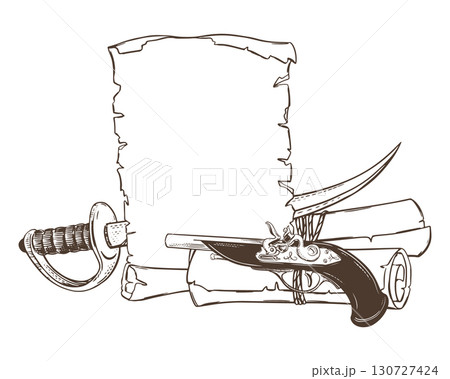 Vector sketch of old paper sheet and scrolls rolled into a roll. Sabre and flintlock pistol. Pirate weapons. Empty template for text, wanted. Linear ink drawing of Corsair's broadsword and firearms. Vector sketch of old paper sheet and scrolls rolled into a roll. Sabre and flintlock pistol. Pirate weapons. Empty template for text, wanted. Linear ink drawing of Corsair's broadsword and firearms. 130727424