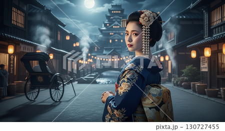 Japanese Night Street with Kimono-Clad Beauty Japanese Night Street with Kimono-Clad Beauty 130727455