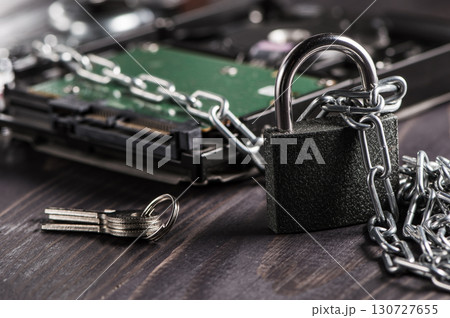 The photo shows a hard disk in chains, suggesting a defense against digital attacks 130727655