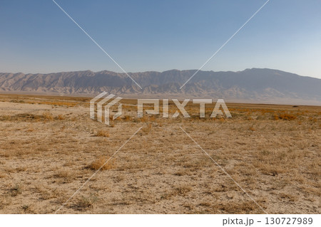 Arid desert landscape of Balkh Province in Afghanistan with a vast mountain range behind 130727989