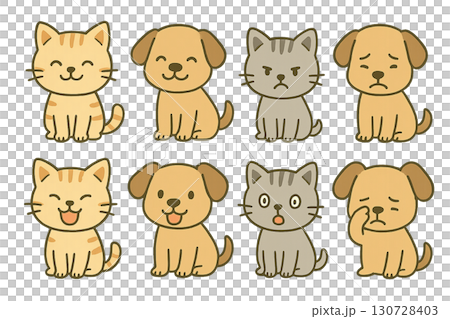 狗和貓的各種面部表情插圖集[透明背景] 130728403