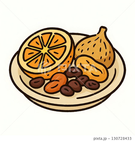 手描き風ドライフルーツ木製小皿のオレンジといちじくのイラスト 手描き風ドライフルーツ木製小皿のオレンジといちじくのイラスト 130728433