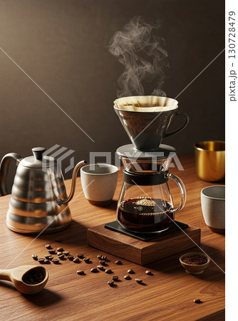 Artisanal Coffee Brewing Flatlay with Pour Over Dripper, Kettle, Ceramic Cups, and Roasted Beans on Walnut Table 130728479