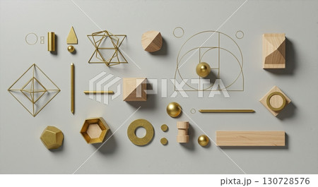 Geometric Design Study Flatlay with Brass, Wood, and Paper Architectural Models Arranged on Gray Background 130728576