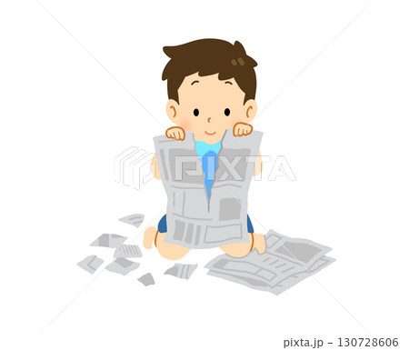 新聞紙をやぶって遊ぶ男の子のイラスト 130728606